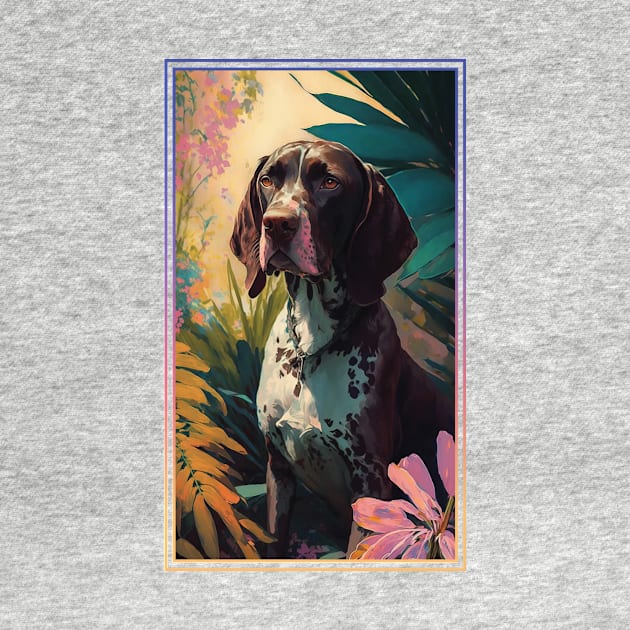 German Shorthair Pointer Dog Vibrant Tropical Flower Tall Digital Oil Painting Portrait by ArtHouseFlunky